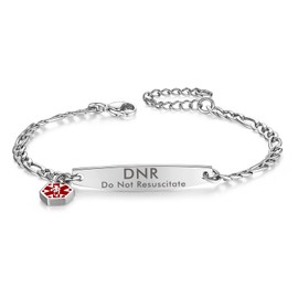 mnmoom Medical id bracelets for women 7-8.5 inch stainless steel small Figaro chain Medical alert bracelets (Silver/dnr)