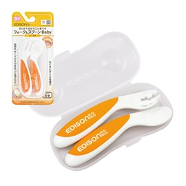 EDISONmama Fork & Spoon for Late Weaning Food, 9 Months and Up, Left Hand, Orange Case, 1 Piece (x1)
