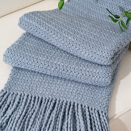 BATTILO HOME Dusty Blue Throw Blanket for Sofa Couch Office Living Room Home Decor Textured Soft Cozy Knit Throw with Tassels Suitable All Seasons 50"x60"