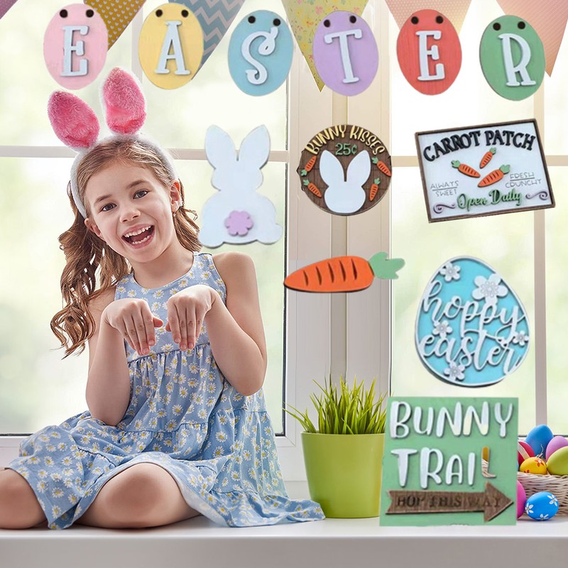 12Pcs Wooden Easter Ornaments Easter Tabletop Wooden Signs Easter Party
