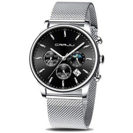 CRRJU Men Fashion Dress Watches Sport Waterproof Calendar Luxury The Moon Phase Watch for Men
