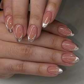 ANDGING Silver French Tip Press on Nails Short Almond Fake Nails with Classy Designs Oval Medium Glue on Nails for Women Gel Acrylic Stick on Nails for Wedding Manicure Pressons Nails False Nails