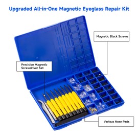 Upgrade Version All-in-One Magnetic Glasses Repair Kit with Black Screw, Eyeglass Repair Tools Kit with Precision Screwdriver Sets, Nose Pads, Tweezer