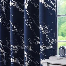 WUBODTI Navy Blue 100% Blackout Patterned Curtains 63 Inch Length 2 Panels, Silver Metallic Marble Printed Thermal Insulated Short Curtain Modern Abstract Drapes for Kids Bedroom Living Room Kitchen