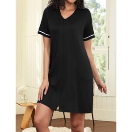 Ekouaer Women Zipper Robes Short Sleeves Housecoat Lightweight Bathrobes Zip Up Robe Casual Nightgown with Pockets Black,Large