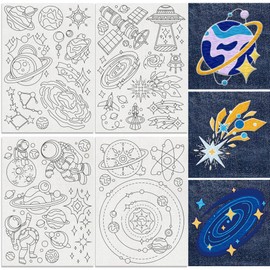 DOODLREAM 32Pcs Planet Galaxy Embroidery Pattern Stabilizers, 8.3"x11.7" Solar System Water Soluble Stick and Stitch Embroidery Stickers, 4 Sheets Astronaut Hand Sewing DIY Embroidery Paper
