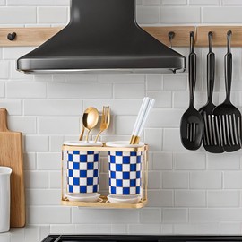 XYQXYQ 2 pcs Utensil Crocks，Checkered Utensil Holder, Ceramic Cooking Utensil With Layered Shelves，Spoon Spatula Holder for Countertop, Kitchen Decor and Accessories (Blue)