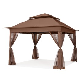 COOSHADE 11x11 Pop Up Gazebo Tent Outdoor Canopy Patio Shelter with Mosquito Netting(Brown)