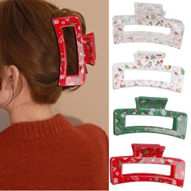 4 Pack - 3.4" Christmas Hair Claw Clips for Women Girls Christmas Snowman Square jaw Clips Large Rectangle Hair Claw Clips for Thin Thick Curly Hair Strong Grip Hair Clip Christmas Hair Accessories