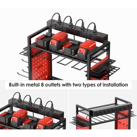 CCCEI Power Tool Organizer Cart with Charging Station, Garage Floor Rolling Storage Cart on Wheels for Mechanic, Mobile 6 Drill, Tool Box Utility Cart with Battery Charging Power Strip, Red.