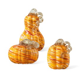 Glitzhome Hand Blown Glass Pumpkin 3pcs Multi Stripes Fall Glass Gourd