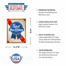 Desperate Enterprises PBR - Pabst Blue Ribbon Beer Tin Sign - Nostalgic Vintage Metal Wall Décor - Made in USA