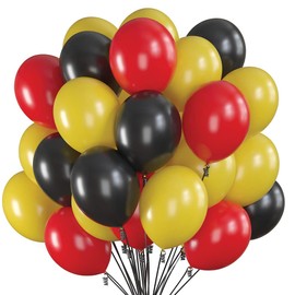 Prextex 75 Party Balloons 12 Inch Black, Red and Yellow Balloons with Ribbon for Black Red Yellow Color Theme Party Decoration, Baby Shower, Bachelorette, Birthday Parties Supplies, Helium Quality