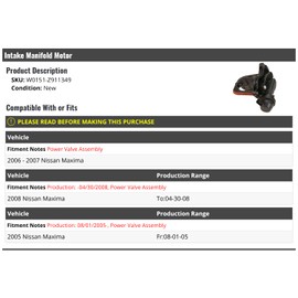 Marketplace Auto Parts Intake Manifold Motor - Power Valve - Compatible with 2005-2008 Nissan Maxima (From 8/1/2005 Up To 4/30/2008)
