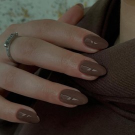 Press on Nails Short Almond MABKJLF Brown Fake Nails Full Cover Solid Color False Nails with Nail Glue Glossy Glue on Nails Acrylic Nails Manicure Artificial Nails for Women Girls 24Pcs