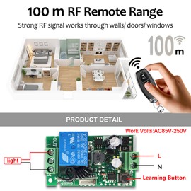 QIACHIP Radio Remote Control Switch 220 V 230 V 1 Channel 433 MHz RF Radio Control Relay Receiver with 2 Transmitters On/Off Lamp Switch Mode