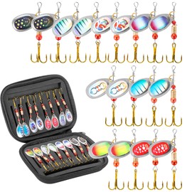 SF 16PCS Fishing Lures Spinner Bait Kit, with Treble Hooks for Bass Fishing Trout Salmon Hard Metal Spinnerbaits with Black EVA Tackle Boxes, Kit B