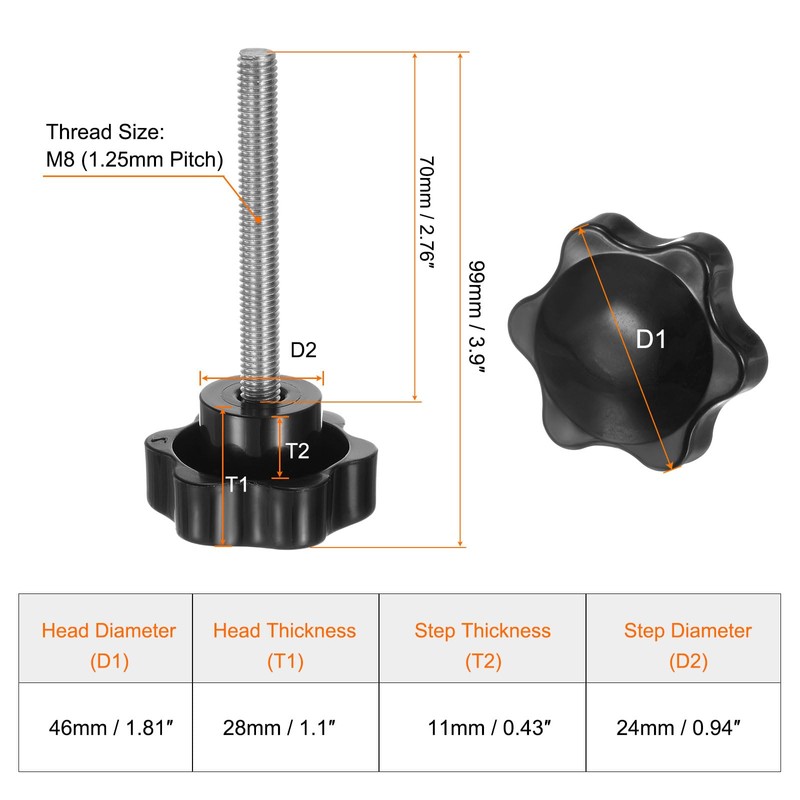 sourcing map 2pcs Star Knobs M8 x 70mm 304 Stainless