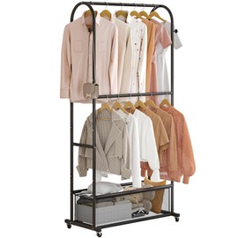 MOYIPIN Double Rods Clothing Rack with Wheels,Clothing Rack for Hanging Clothes Coat Scarves Bags,Multi-functional Bedroom Garment Rack,4 Hooks,Black
