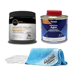 DeFusco Industrial Supply MB-20 Stone Granite Polishing Kit 8.5 Oz Granite Polishing Compound - Tenax AGER 250 mL - 16x16 Microfiber Cloth - Gloves - Bundle - 4 Items