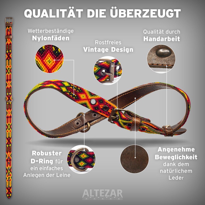 ALTEZAR Leather Dog Collar - Brown Cowhide Tribal Fire Red