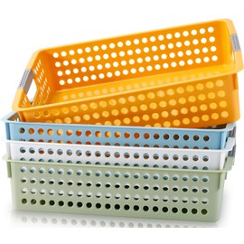 PIEMEET 4 Pcs Turn in Trays Classroom, A4 Paper Trays for Classroom with Handles, Stackable Plastic Storage Baskets, Colorful Paper Organizer Baskets, for Library Drawers Office Home((4 Colors)