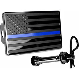 5"x3" American Black Flag Metal Hitch Cover (Fits 2" Receiver, Black with Blue Line)