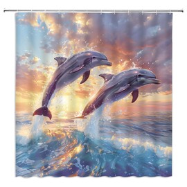 YSSFAV Jumping Dolphin Shower Curtain Cute Sea Animals Marine Life Ocean Beach Coastal Bathroom Decor Curtains Set with Hooks, 70" W x 70" H