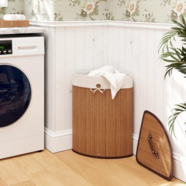 Giantex Corner Laundry Hamper with Lid, 58 L Bamboo Laundry Basket with Removable Liner & Handle, Triangle Clothes Hamper for Small Spaces, Bedroom, Bathroom, Laundry & Living Room (Bamboo)