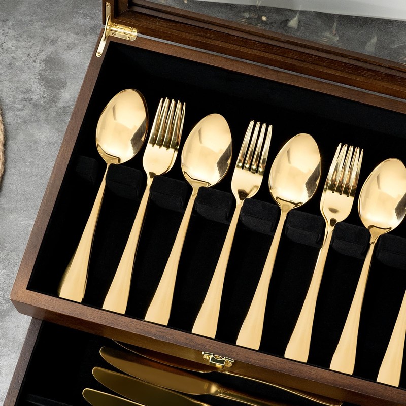 Yoimori Silverware Box, 2-Layer Wooden Silverware Storage Box with Glass