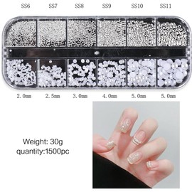 TSUOUKL 1 Box/12 Grid Nail Art Rhinestones, White Beads for Nails, Semicircular Pearl Balls, Nail Charms, Small Stainless Steel Beads, Caviar Beads, White Flatback Beads for Nail/DIY