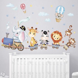 wondever Animal Train Wall Stickers Jungle Animals Giraffe Elephant Lion Peel and Stick Nursery Wall Decals for Kids Bedroom Baby Toddler Room Wall Decor