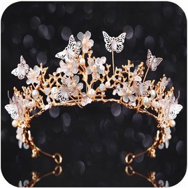 Queen Crown Gold Tiaras and Crowns Butterfly Rhinestone Tiara Vintage Bridal Wedding Pageant Costume Prom Headpiece for Women Girls - Color: Gold