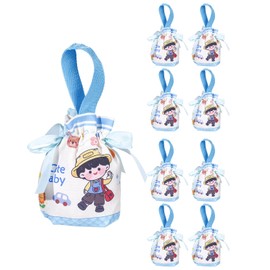 Liobelon 8 Pieces Gender Reveal Gift Bags with Handle, Baby Shower Canvas Candy Bag, Boy Girl Print Gift Wrapping Decoration, Reusable Kids Birthday Drawstring Bag for Baby Party Supplies (Blue)