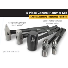 Titan 63125 5-Piece Hammer Set, Includes 16oz & 32oz Ball Pein, 32oz Rubber Mallet, 3lb Sledgehammer, & 3lb Cross Pein, Shock Absorbing Fiberglass Handles with Textured Grips