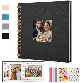 DazSpirit DIY Scrapbook Photo Album, 20.5 x 20.5cm Square Linen Cover Photo Book with Window, 60 Pages/30 Sheets White Blank Page, 5 Stickers, Wedding Guest Book, Family Album, Travel Journal (Black)