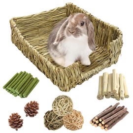 Hamiledyi Large Rabbit Grass Bed for Bunny, 21 Pcs Pet Bunny Chew Toys Natural Hand-Made Woven Hay Mat Hamster Straw Basket Small Animals Bedding for Guinea Pig Chinchilla Ferret Gerbil Rat