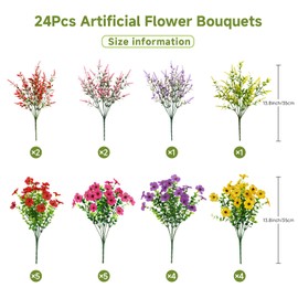 SHareconn 24 Bundles Artificial Flowers for Outdoors Decoration, Faux Plants Fake Silk Colorful Daisy Eucalyptus Lavender, UV Resistant for Outside Home Porch Patio Spring Decor, RedRosyPurpleYellow
