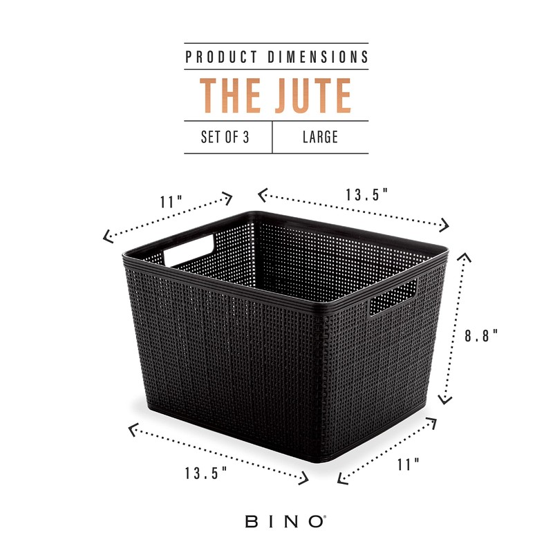 BINO | Woven Plastic Basket | Large (Black), 3-Pack |