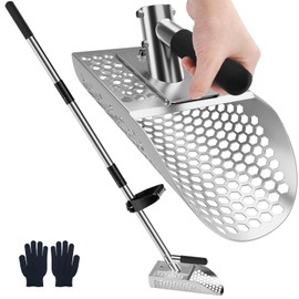 Hermsche Long Handle Sand Scoop with Grip, Heavy Duty Stainless Steel Sand Sifter Shovel for Beach, Metal Detecting Scoop Handheld with Long Steel Handle Pole Design for Underwater Treasure Hunting