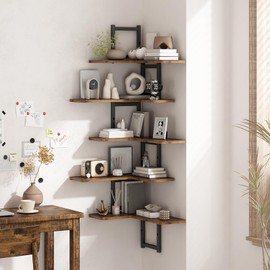 GILLAS 5-Tire Corner Shelf Wall Mount, L Shape Corner Floating Shelves Wall Mounted for Wall Decor in Living Room, Bedroom, Bathroom, Home Office, Rustic Brown