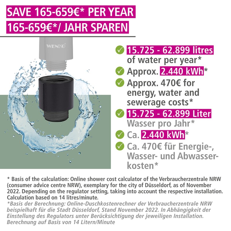 WENKO Water Saver Water-Saving Individually Adjustable Water-Saving Insert for the