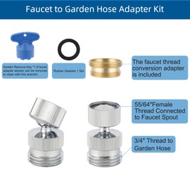 Hibbent Garden Hose Adapter Kit with Faucet Aerator Key for Bathroom Kitchen, Multi-Thread Sink Swivel Faucet Aerator Adapter to Connect Garden Hose, Chrome Finish