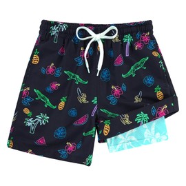 Cozople Boys Crocodile Swim Trunks with Compression Liner Swimwear UPF50+ Quick Dry Beach Board Shorts Soft Stretchy Boxer Brief Liner Surf Swimsuit Casual Sports Running Shorts for Youth Kids Size 8