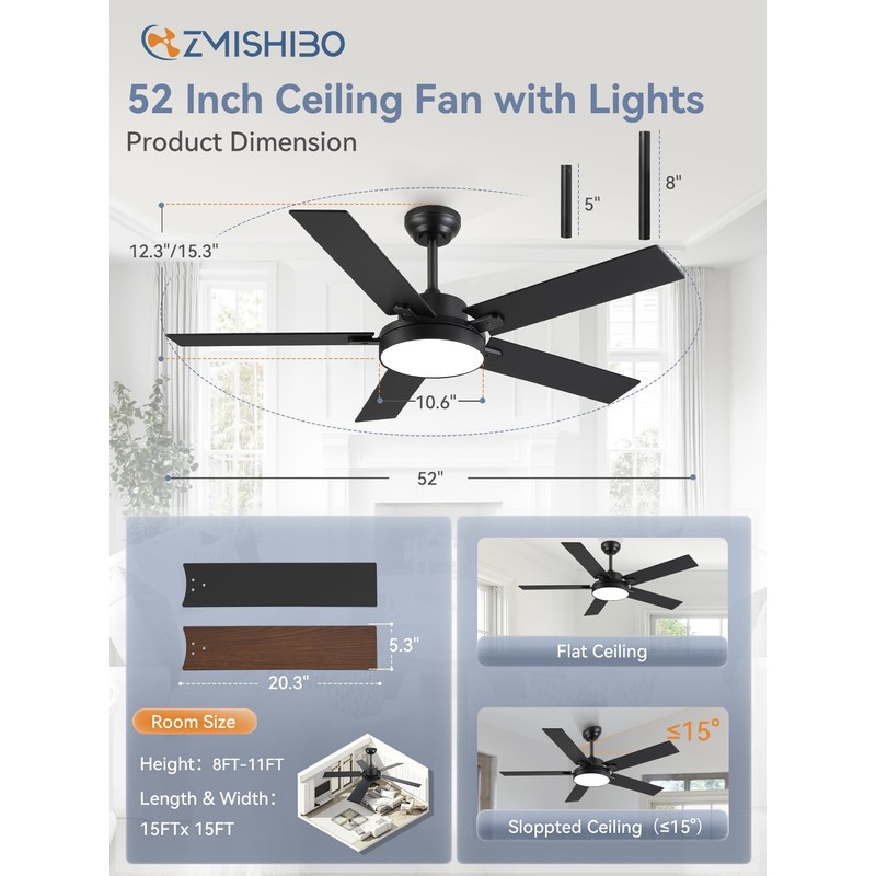 ZMISHIBO 52 Inch Ceiling Fans with Lights, Smart Remote/APP Control,