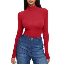 REORIA Womens Mock Turtle Neck Long Sleeve Tight Shirts Basic Tummy Control Bodysuit Thermal Underwear Tops Fall Clothes Ribbon Red Large
