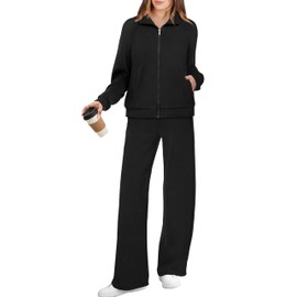 XIEERDUO Lounge Set for Women 2 Piece Fall Outfits Winter Trendy Tracksuit Workout Sweatsuit Wide Leg Loungewear Zip Up Sweat Track Suit Active Wear Matching Clothing Travel Airport Clothes Black XL