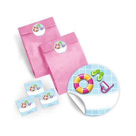 Mini notepads + gift bags / purple + stickers for swimming pool party favours at birthday children's birthday party boys girls