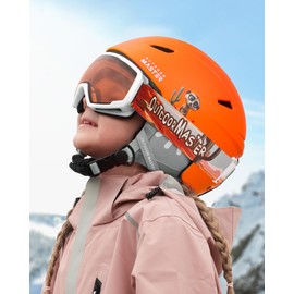 OutdoorMaster Anoa Kids Ski Helmet and Goggles Set - Snowboard Helmet with Protective Ski Goggles - Adjustable Snow Helmet, Certified Snow Sports Helmets for Boys, Girls & Youth - Orange, XS
