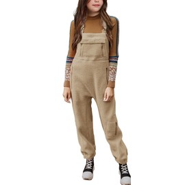 CharmWM Girls Fleece Overalls Warm Winter Loose Casual Adjustable straps Jumpsuits with Pockets 5-14 Years 120-160 Khaki